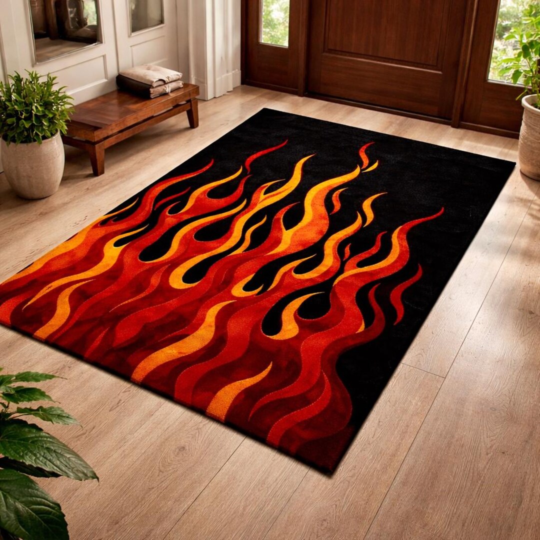 Fire Rug Backround Flame Area Rug Black Red Fire Carpet | Modern Gothic Living Room Rug ...