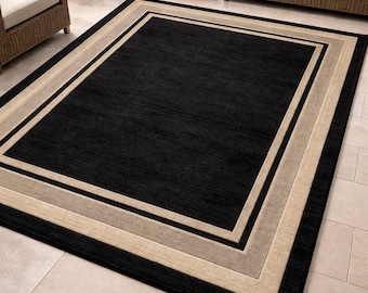 Modern Black Border Area Rug | Handmade Wool & Silk Rug | Minimalist Living Room Carpet