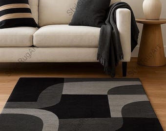 Modern Black Grey Geometric Area Rug, Abstract Minimalist Rug, Handmade Tufted Wool Carpet, Contemporary Living Room Bedroom Floor Rug