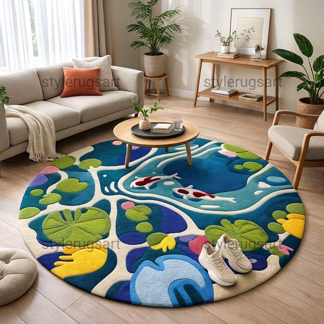 Pond Rug Design Koi Fish Round Rug – Vibrant Pond Design Carpet, Living Room ...