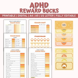 May include: ADHD Reward Bucks printable digital set. Includes reward charts, sticker rewards, and printable money. The design features orange and yellow tones with text such as "How to Earn Weekly Reward Bucks" and "How to Spend Reward Bucks."