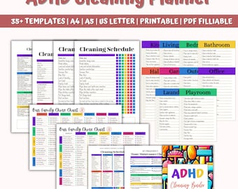 ADHD Cleaning Planner Bundle, Family Chore Chart (PDF Editable Canva)