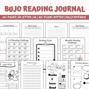 May include: A black and white Bujo Reading Journal with various pages for tracking reading habits. Includes pages for favorite books, reading notes, challenges, and quotes. The journal is fully editable and available in US Letter, A4, and A5 sizes.