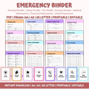 May include: An emergency binder with sections for personal, home, and pet profiles, medical and financial information, and final preparation. The binder includes printable and editable PDF forms. The text "EMERGENCY BINDER" is at the top.