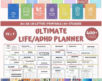 ADHD Life Planner Bundle, Productivity & Wellness Journal (Printable A4, A5)