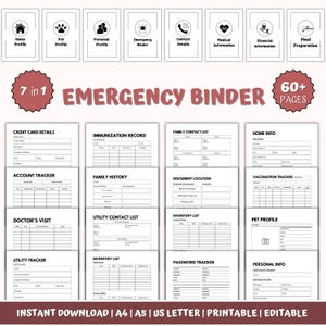 May include: An emergency binder with various forms for personal and financial information. The binder includes sections for home profile, pet profile, medical information, and more. The text "Emergency Binder" is prominently displayed.