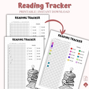 Könnte beinhalten: Druckbare Lesetracker-Blätter mit dem Text "Reading Tracker" und "Printable | Instant Download". Die Blätter haben ein Raster zur Verfolgung der gelesenen Seiten, mit Kontrollkästchen für Seitenbereiche und einem Stapel Bücher mit einer Glühbirne.