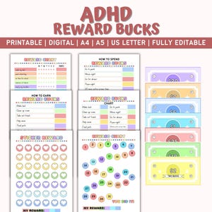 Puede incluir: Sistema de recompensas digitales imprimibles ADHD Reward Bucks. Incluye tablas de recompensas, recompensas de pegatinas y dinero de juego imprimible. El diseño presenta tablas coloridas y billetes de 1, 2, 6, 7, 10 y 25 euros.