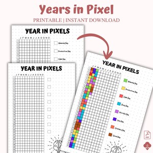 Könnte beinhalten: Druckbare "Years in Pixel" Planerseiten. Die Seiten verfügen über ein Rasterlayout zur Verfolgung der täglichen Stimmungen, mit farbcodierten Optionen für erstaunliche, produktive, ruhige, geschäftige, schreckliche, faule, gewöhnliche und gute Tage. Der Text "Year in Pixels" wird angezeigt.