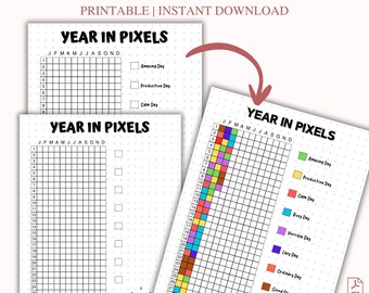 A year in pixels journal printable,Yearly tracker digital download,Year in review color coded,Bullett journal pre made,A4 journal insert pdf
