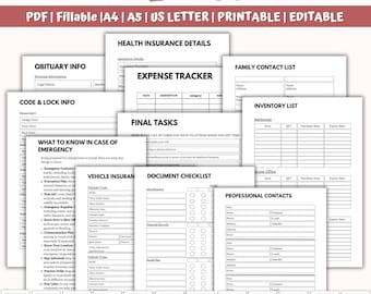 Puede incluir: Un conjunto de documentos imprimibles y editables para un Planificador de Fin de Vida. Incluye formularios para información de obituario, detalles del seguro médico, seguimiento de gastos, contactos familiares y listas de inventario. Diseñado para tamaños de papel US Letter, A4 y A5.