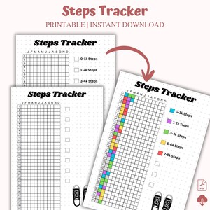 Può includere: Un tracker di passi stampabile con il testo "Steps Tracker" in alto. Il tracker include una griglia per il monitoraggio quotidiano dei passi, con obiettivi di passi codificati a colori. Il design include un paio di scarpe da ginnastica in basso.