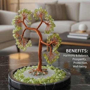 Feng Shui Peridot Tree, Copper Wired with Selenite Base