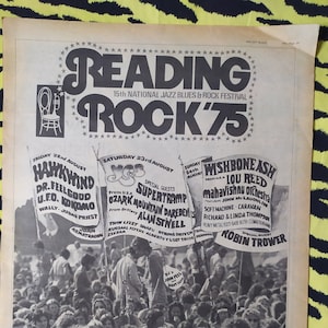 Pubblicità originale del 1975 Reading Rock 75, Poster vintage raro, stampa su carta vintage, Lou Reed, Yes, Hawkwind, Supertramp Rock Festival