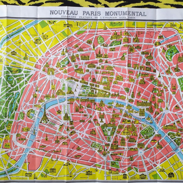 1972 Paris, France Vintage Map Antique Travel guidebook Monuments Parisian sites, Double-sided image