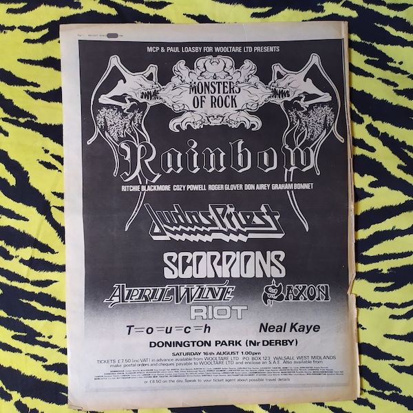 Original 1980 Monsters Of Rock Anuncio/Cartel, Cartel vintage raro, Cartel de rock sajón de Rainbow Judas Priest Scorpions, Hard rock heavy metal