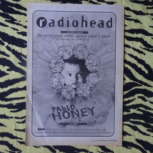 Original 1993 Radiohead Tour Advert/Poster, Rare Vintage Poster &quot;Pablo Honey&quot; Rock Poster, Vintage Paper Print Thom Yorke Jonny Greenwood
