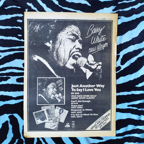 Original 1975 Barry White Advert/Poster, Rare Vintage Poster "New Album" Poster, R&B soul funk disco Ray Charles Marvin Gaye