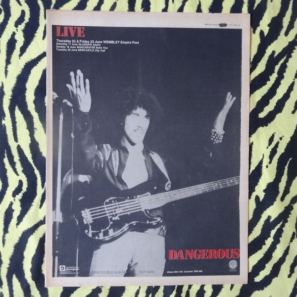 Original 1978 Thin Lizzy Tour Advert/Poster, Rare Vintage Poster, Thin Lizzy "Dangerous" LP Rock Poster, Hard rock Heavy Phil Lynott