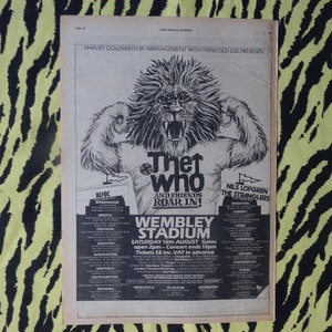 Original 1979 The Who Tour Advert/Poster, Rare Vintage Poster &quot;Wembley Stadium&quot; Vintage Paper Print Roger Daltrey Pete Townshend Keith Moon