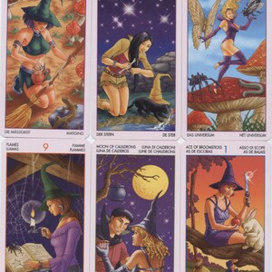 May include: Tarot card deck featuring colorful illustrations of witches, stars, and other mystical imagery. The cards are numbered with Roman numerals and have titles in multiple languages.