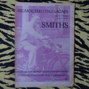 Anuncio/póster original de The Smiths de 1986, póster vintage raro, sencillo independiente "Bigmouth...", papel vintage Morrissey Johnny Marr Andy Rourke Pop