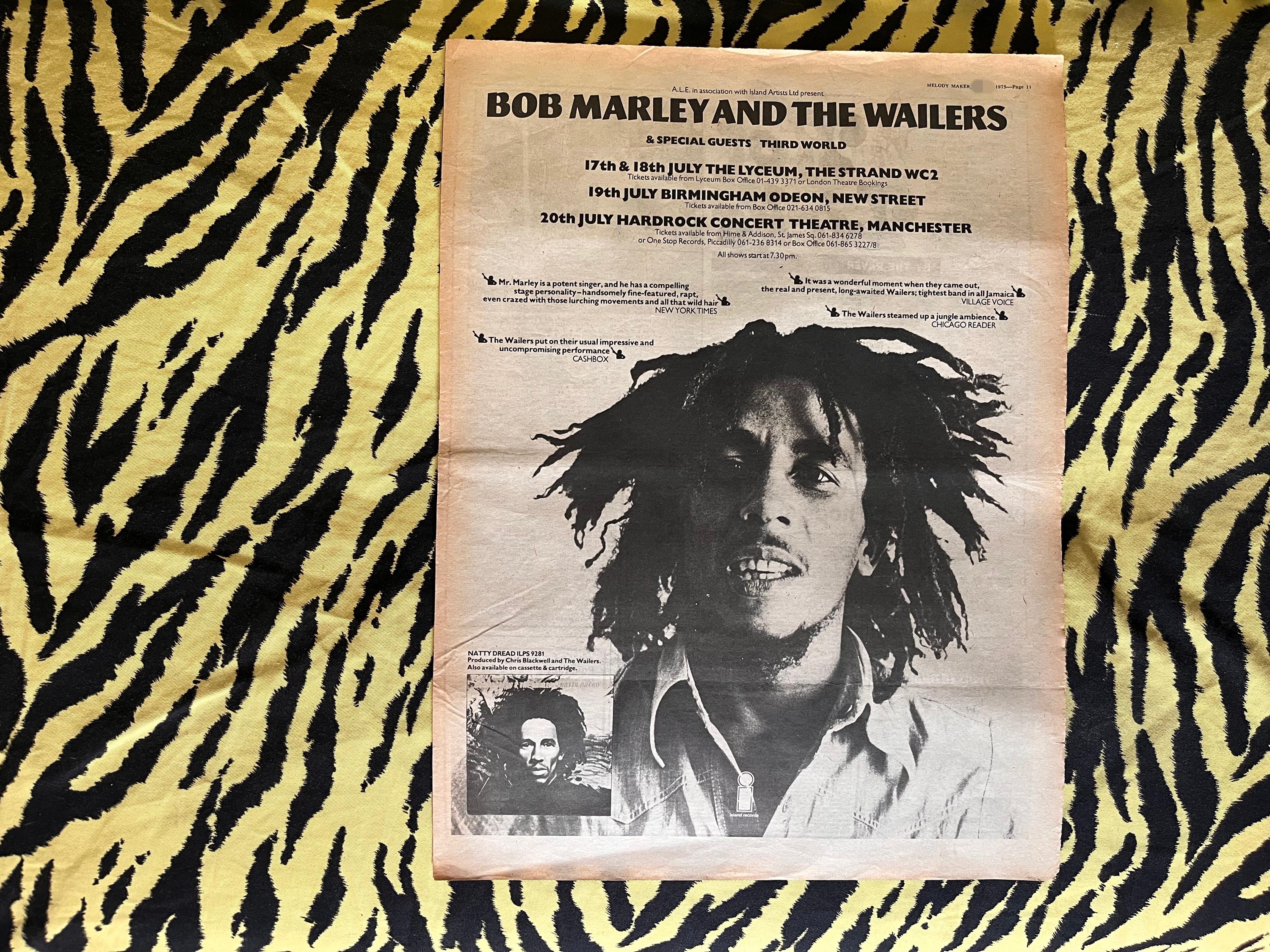 Original 1975 Bob Marley & the Wailers Tour Advert/poster, Rare
