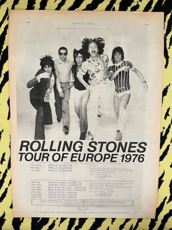 Original 1976 Rolling Stones Tour Advert Poster, Rare Vintage