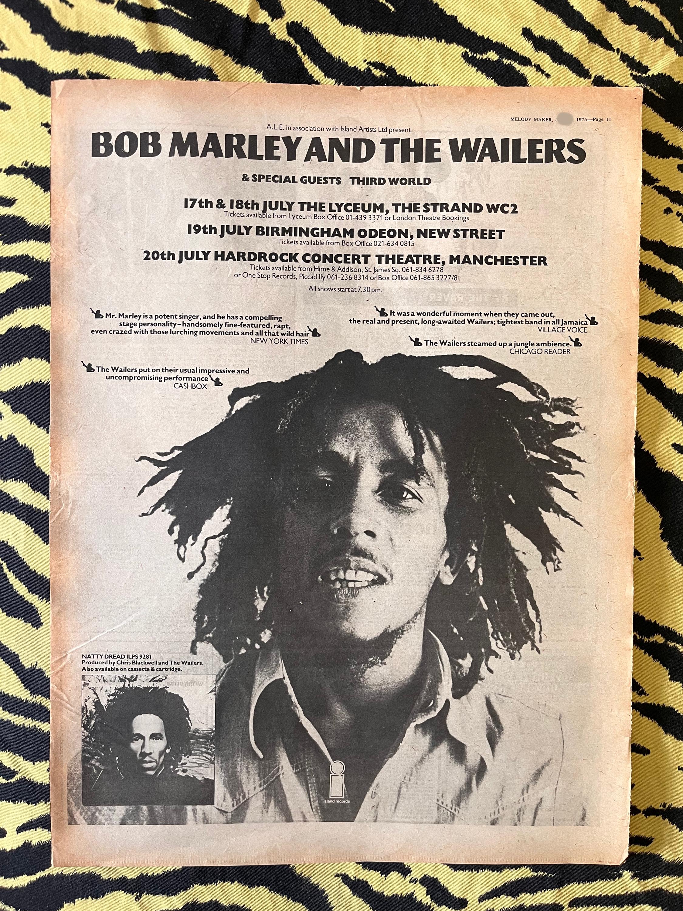 Original 1975 Bob Marley & the Wailers Tour Advert/poster, Rare