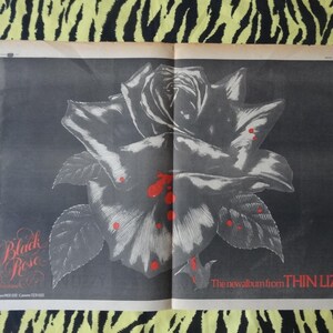 May include: A black and white image of a black rose with red drops on the petals. The text "Black Rose" is in the lower left corner. The text "The new album from Thin Lizzy" is in the lower right corner.