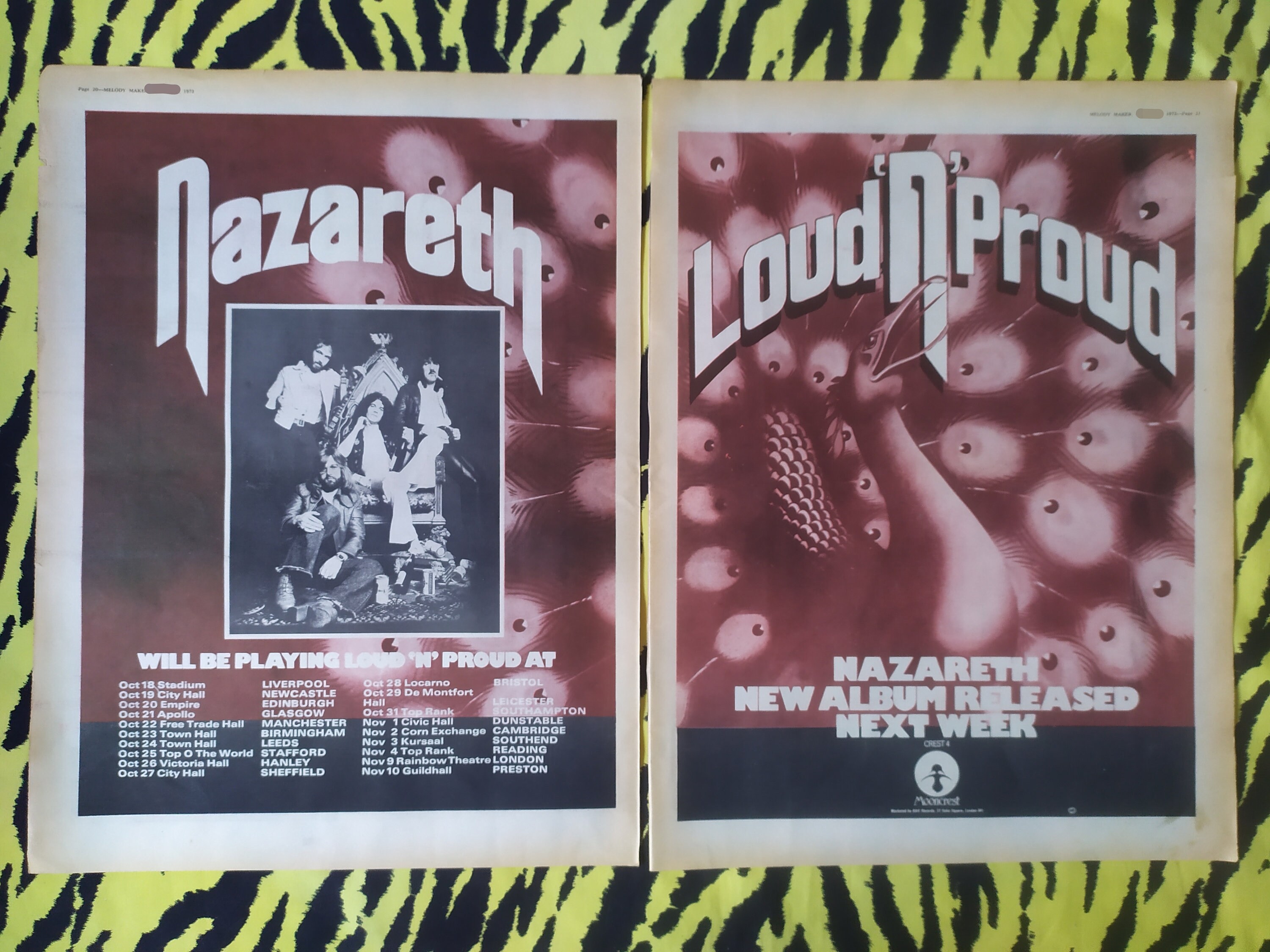 Original 1973 Nazareth Double Tour Advert/poster, Rare Vintage