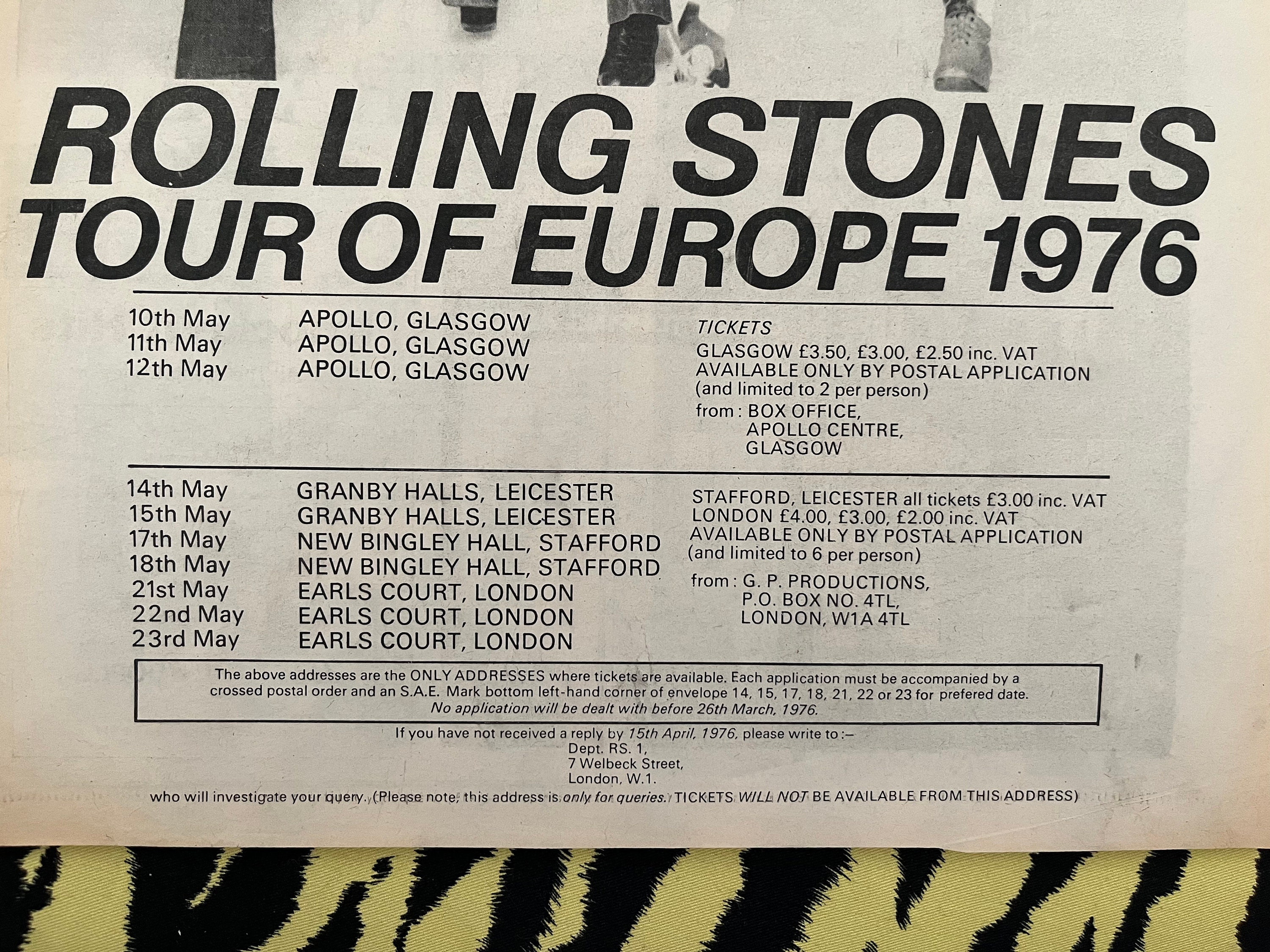 Original 1976 Rolling Stones Tour Advert Poster, Rare Vintage 