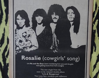 Original 1978 Thin Lizzy Tour Advert/Poster, Rare Vintage Poster, Thin Lizzy "Rosalie" LP Rock Poster, Hard rock Heavy Phil Lynott