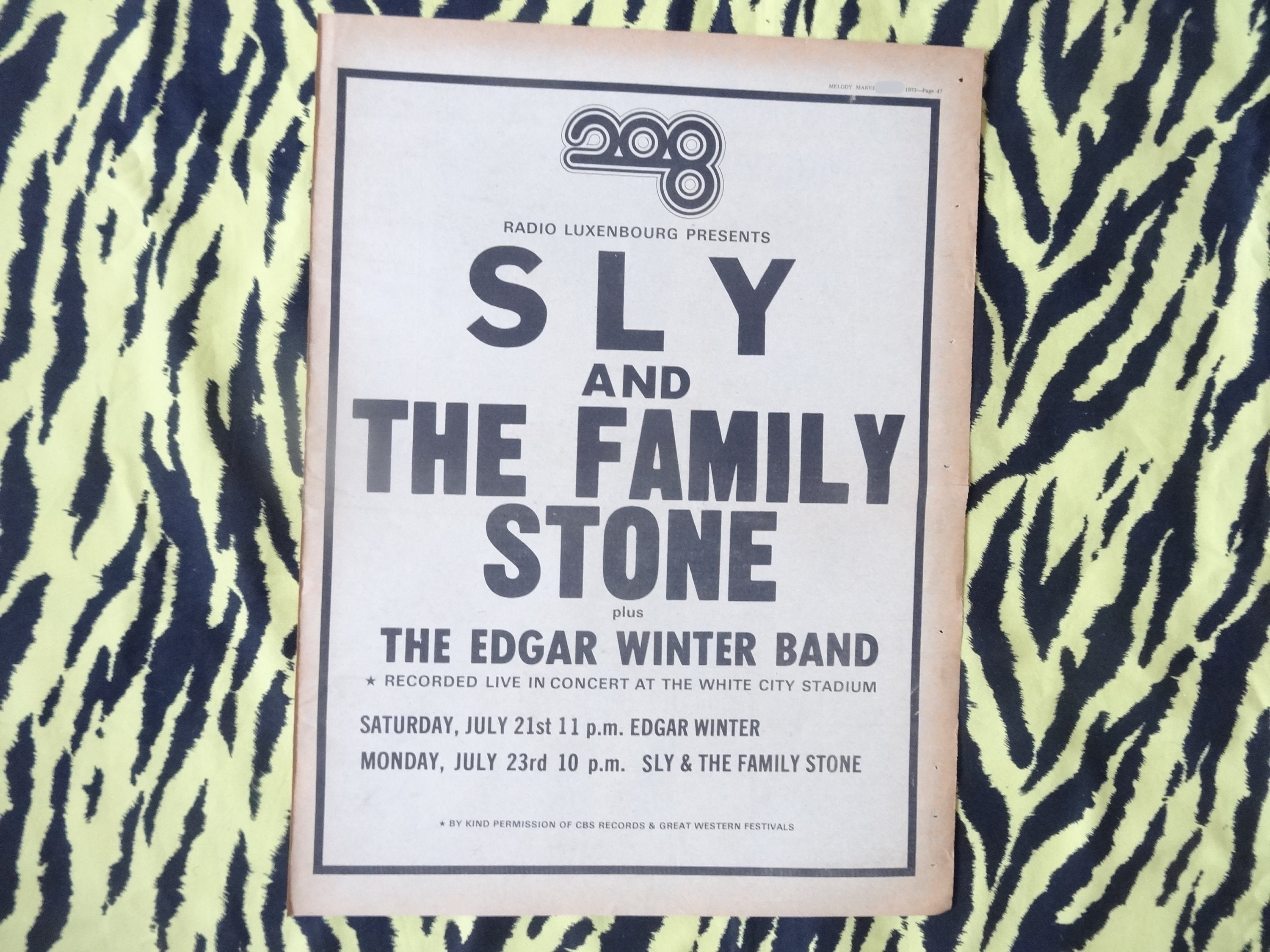 Original 1973 Sly & the Family Stone tour Advert/Poster, Rare Vintage Poster "Live" Rock Poster, Paper Psychedelic soul funk Sly Stone