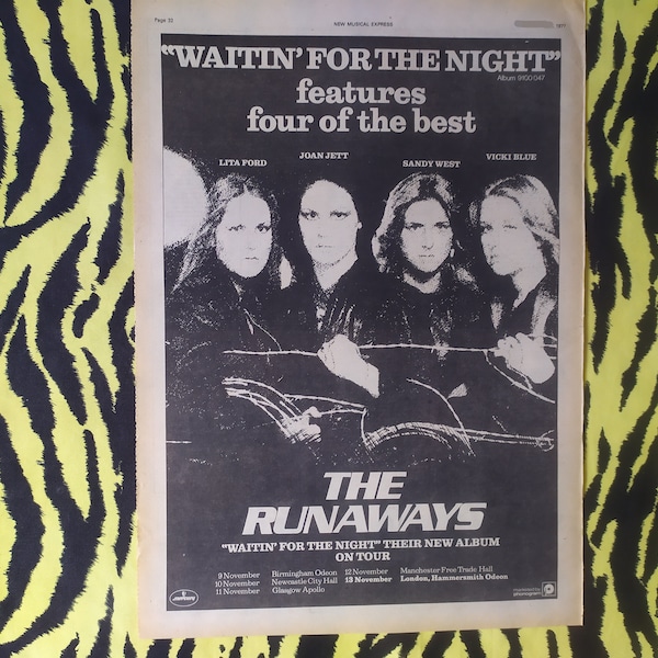 Original 1977 The Runaways Tour Advert/Poster, Affiche vintage rare, Rainbow « Waiting... » Rock Poster, Cherie Currie Joan Jett Lita Ford punk