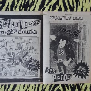 Peut inclure: Une double page d'une bande dessinée vintage en noir et blanc. Une page affiche "The Swindler" avec le texte "Sex Pistols". L'autre page montre une figure avec une croix gammée et le texte "Sex Pistols" et "Something Else".
