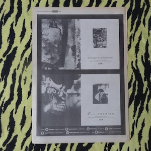 May include: A black and white newspaper clipping featuring two images of artwork. The top image is a black and white painting of a nude figure. The bottom image is a black and white painting of a person wearing a hat and a coat. The text in the newspaper clipping reads "Throwing Muses - House Tornado" and "Pavement - Crooked Rain, Crooked Rain".