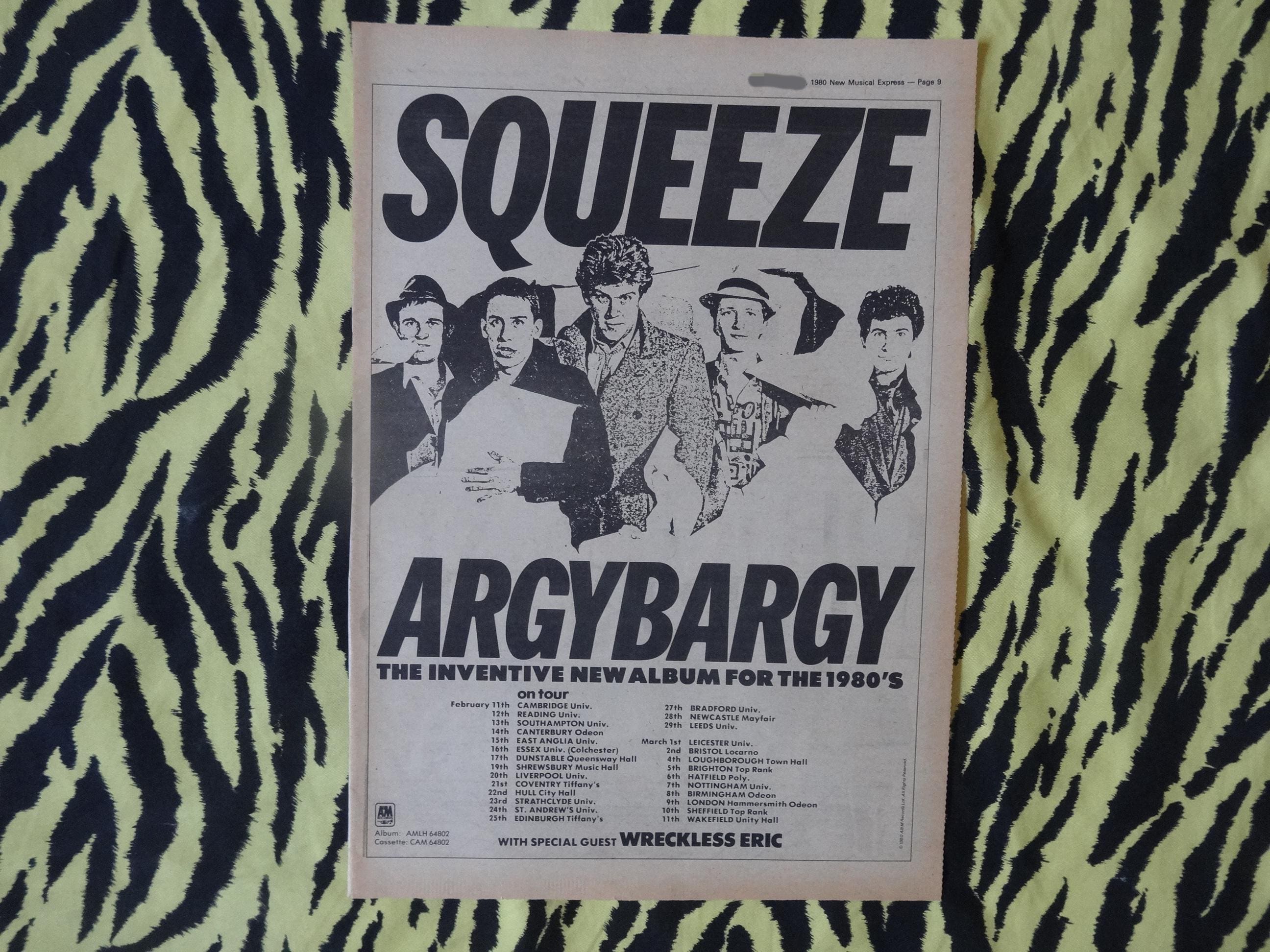 Original 1980 Squeeze Tour Advert/poster, Rare Vintage Poster
