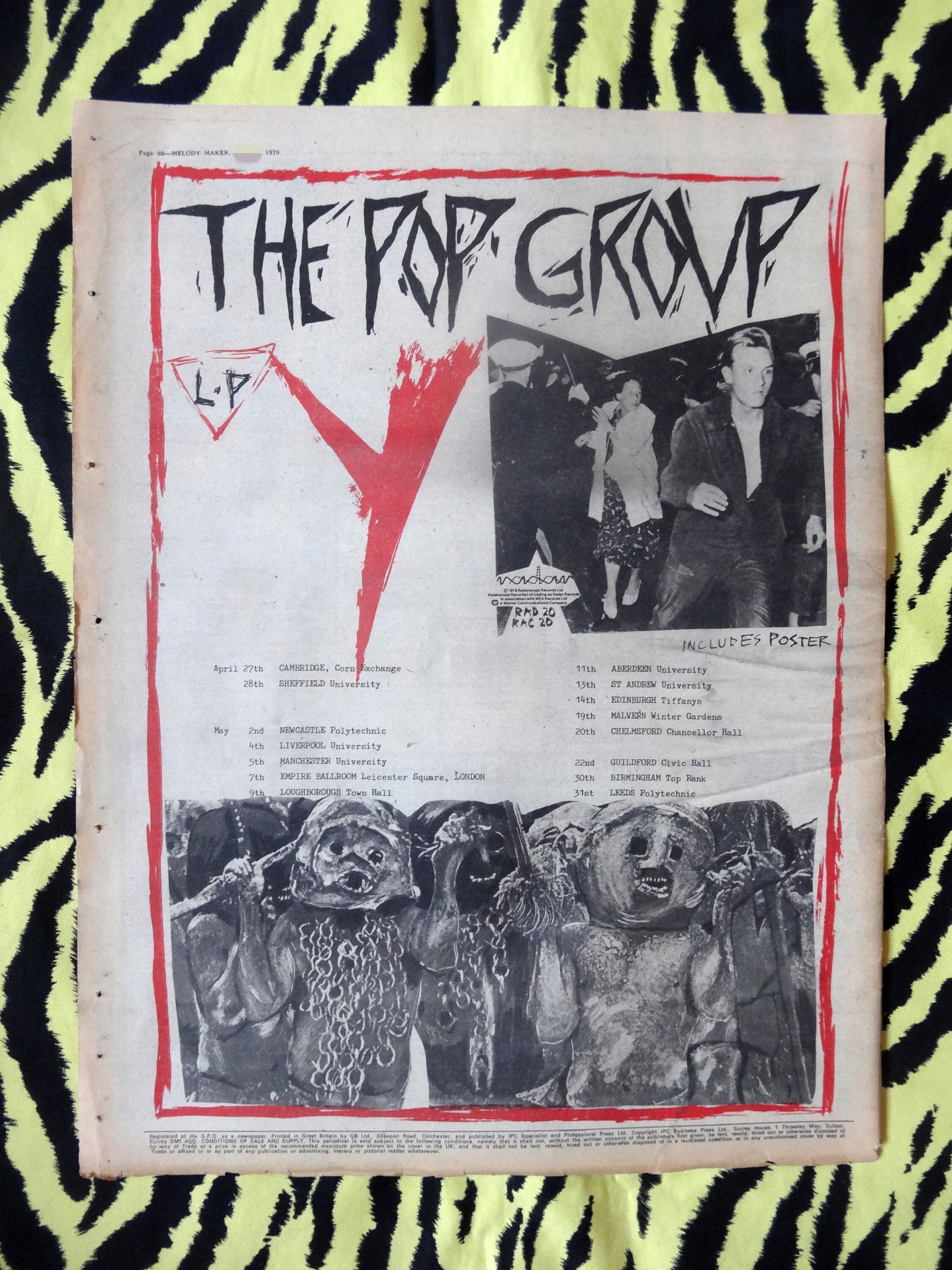 Original 1979 the Pop Group Tour Advert/poster, Rare Vintage