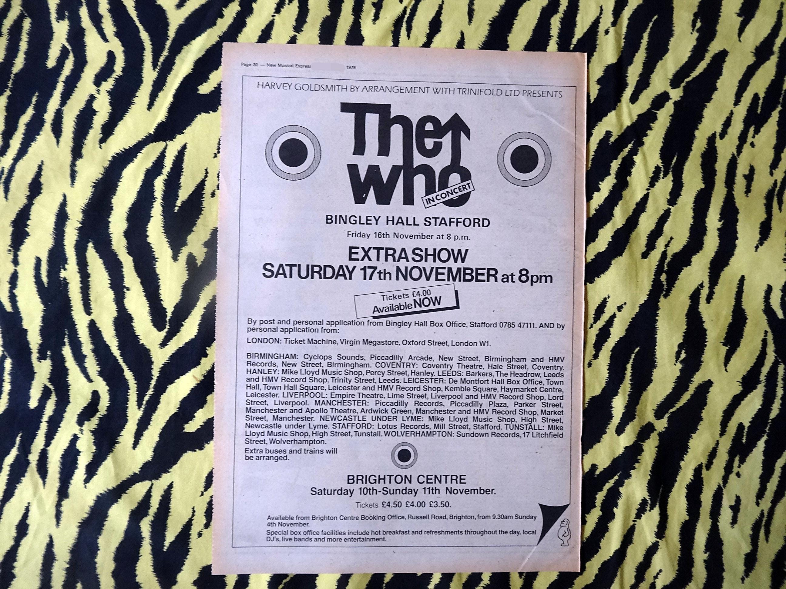 Original 1979 The Who Tour Advert/Poster, Rare Vintage Poster "Bingley Hall Stafford" Vintage Paper Roger Daltrey Pete Townshend Keith Moon