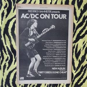 Original 1976 AC/DC Tour Advert/Poster, Rare Vintage Poster, &quot;On Tour&quot; Rock, Hard rock Heavy metal, Vintage Paper Angus Young