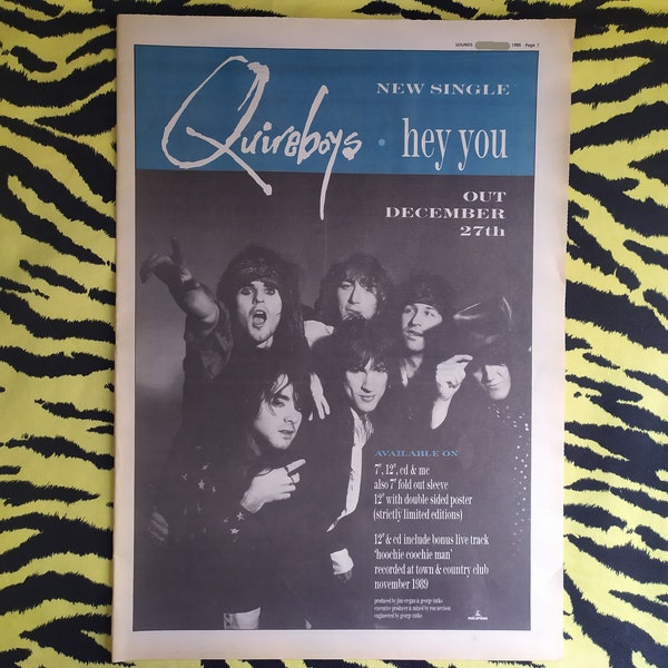 Original 1989 The Quireboys Advert/Poster, Rare Vintage Poster, "Hey You" Rock Poster, Glam, Hard rock  Jonathan Gray Andy McCoy Hanoi Rocks