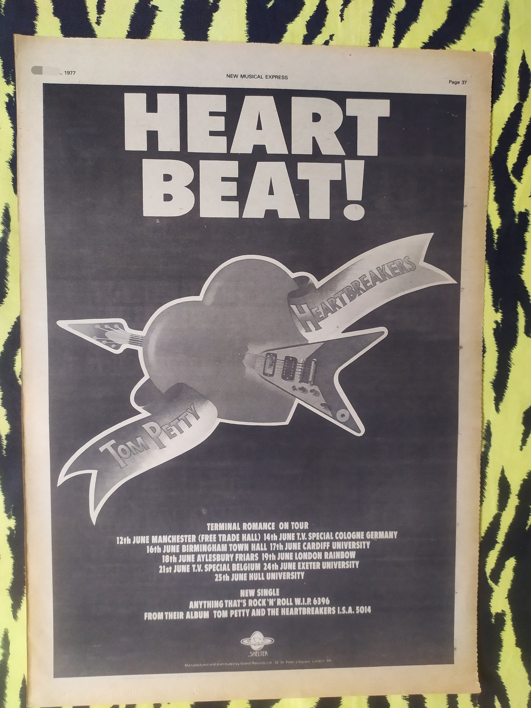 Original 1977 Tom Petty and the Heartbreakers Tour Advert/poster
