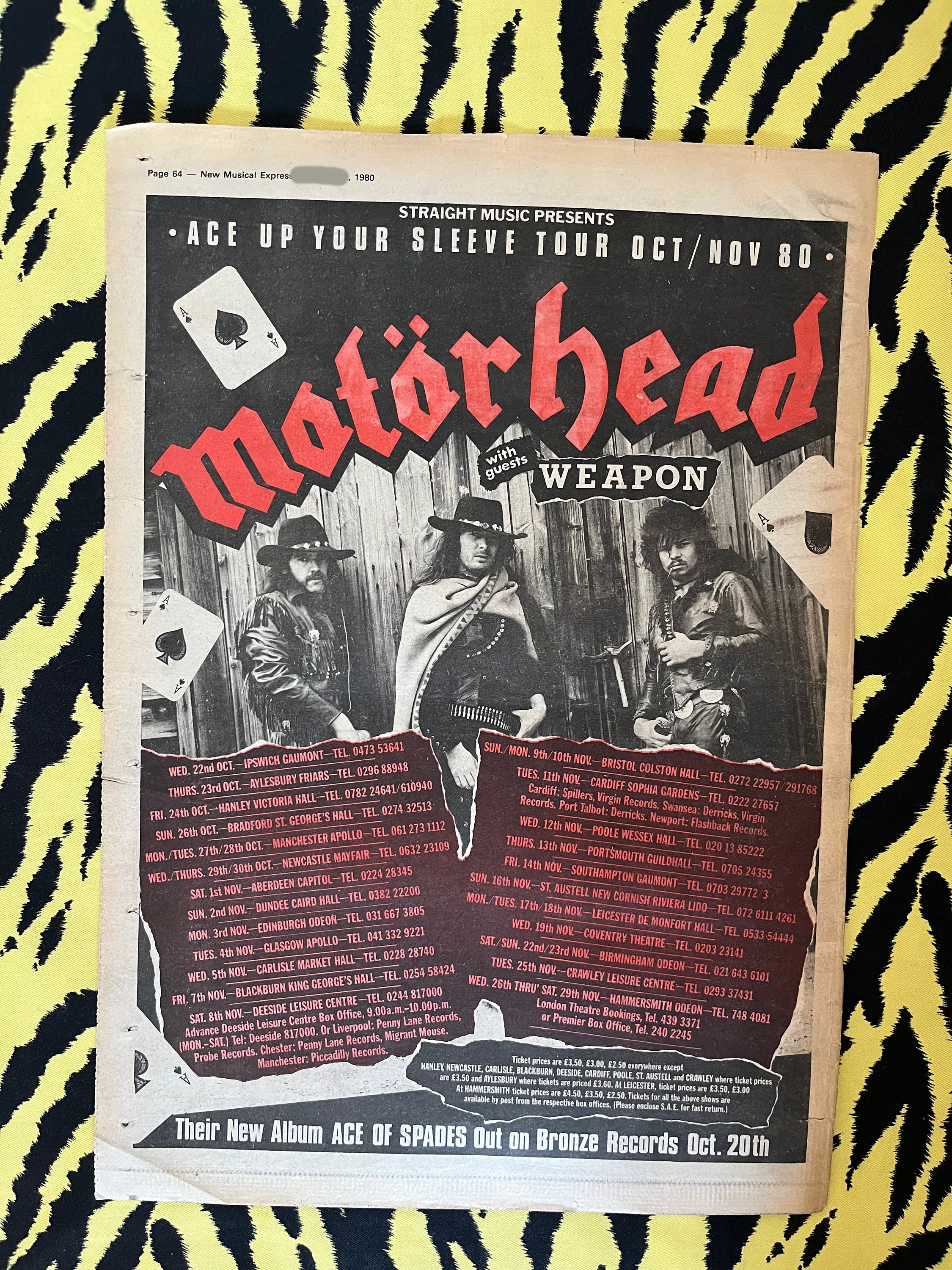 Original 1980 Motorhead Tour Advert/poster, Rare Vintage Poster