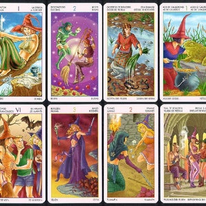 May include: A set of 10 tarot cards featuring colorful illustrations of witches, cauldrons, and other magical imagery. The cards are numbered 1 through 6 and feature text in both English and Spanish.