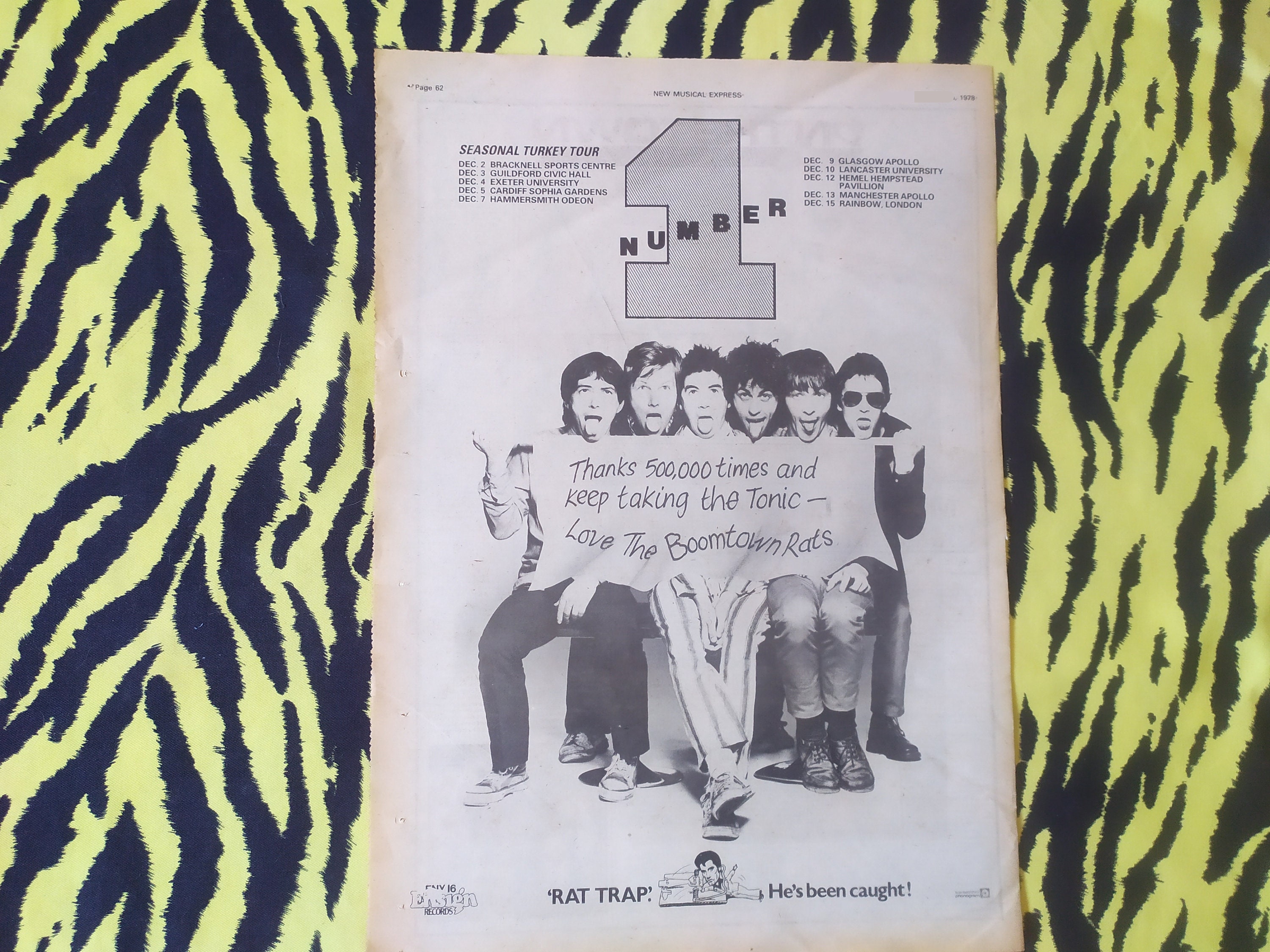 Original 1978 The Boomtown Rats Tour Advert Poster, Rare Vintage Poster, "Rat Trap" Rock Poster, punk new wave clash sex pistols Bob Geldof
