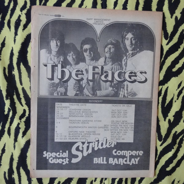 Original 1974 FACES Tour Advert/Poster, Rare Vintage Poster "UK Tour" Poster, rock, Ron Wood Rod Stewart  Small Faces Jeff Beck Group