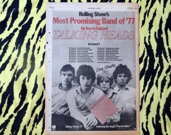 Original 1978 Talking Heads Advert/Poster, Rare Vintage Poster &quot;England Tour&quot; Poster, Punk, New Wave, NYC, Ramones David Byrne Clash Sire