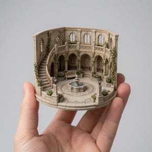 May include: A miniature architectural model of a circular courtyard featuring a central stone fountain, a curved staircase, arched alcoves, and intricate stone railings. The structure is decorated with small green vines and potted plants.