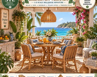 May include: A 1:12 scale dollhouse miniature set featuring a round rattan dining table with four matching chairs, a woven pendant light, and a tropical veranda scene. The set includes blue and white patterned cushions and table settings.